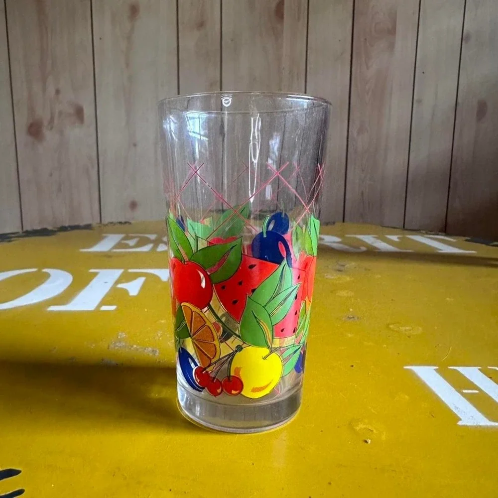 Vintage Fruit Pitcher Glass Set Mid Century Style Glassware 6 Pieces Summer Farm
